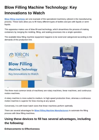 Blow Filling Machine Technology Key Innovations to Watch