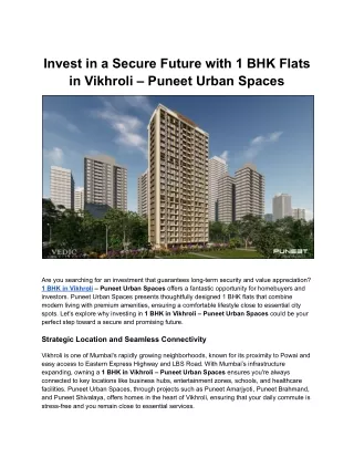 Invest in a Secure Future with 1 BHK Flats in Vikhroli – Puneet Urban Spaces