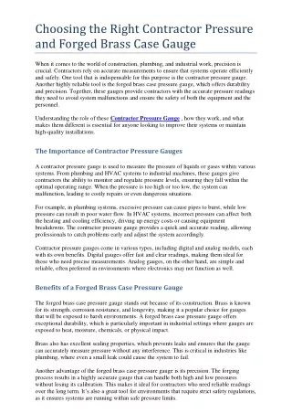 Choosing the Right Contractor Pressure and Forged Brass Case Gauge