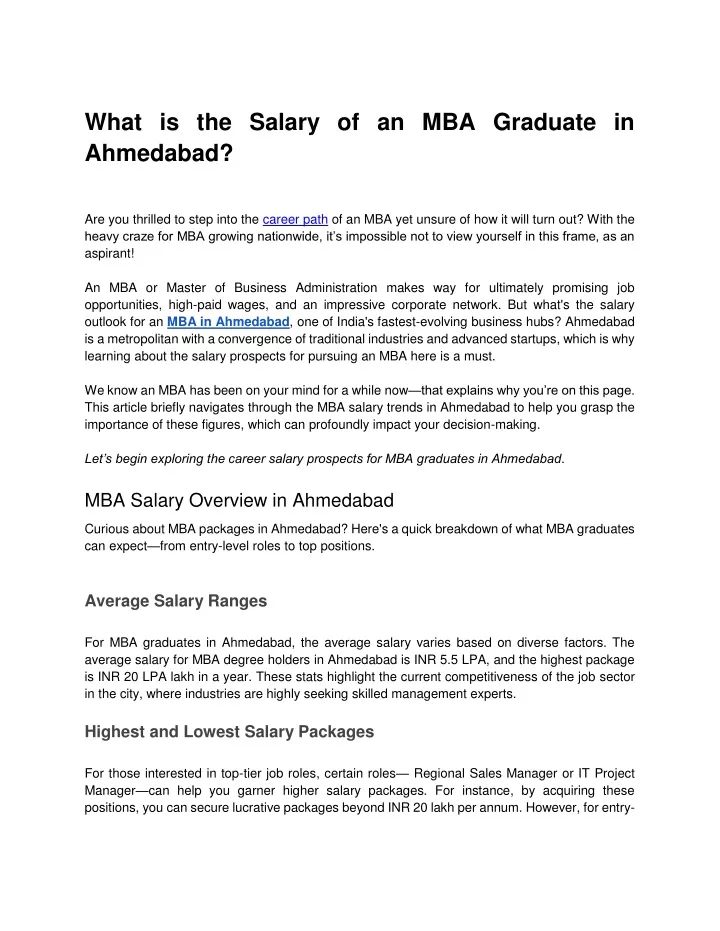 what is the salary of an mba graduate in ahmedabad