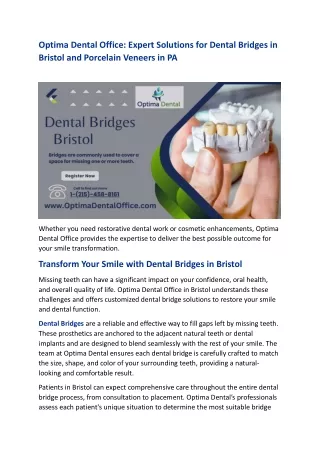 Optima Dental Office Expert Solutions for Dental Bridges in Bristol and Porcelain Veneers in PA