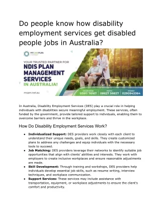 Do people know how disability employment services get disabled people jobs in Au