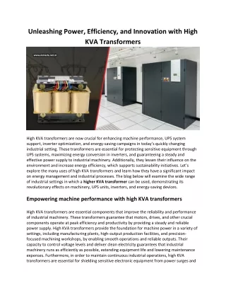 Unleashing Power, Efficiency, and Innovation with High KVA Transformers