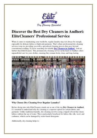 Discover the Best Dry Cleaners in Andheri: EliteCleaners' Professional Service