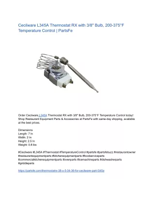 Cecilware L345A Thermostat RX with 3/8" Bulb, 200-375°F Temperature Control