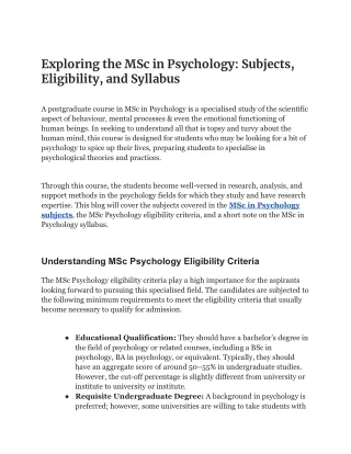 Explore MSc in Psychology Subjects at M S Ramaiah: A Comprehensive Guide