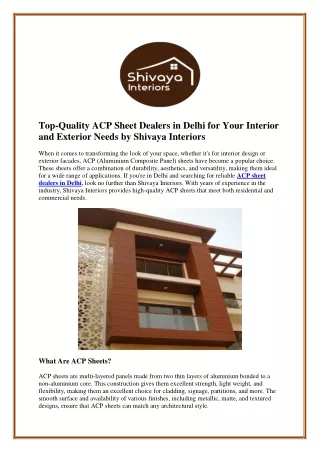 Top-Quality ACP Sheet Dealers in Delhi for Your Interior and Exterior Needs by S