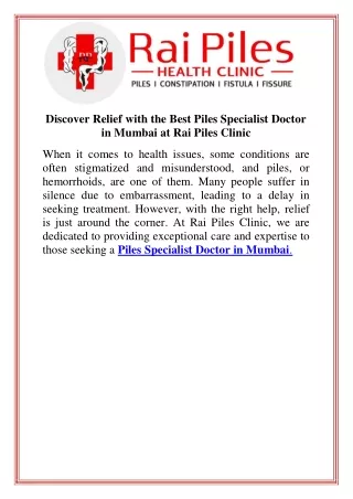 Discover Relief with the Best Piles Specialist Doctor in Mumbai at Rai Piles Clinic