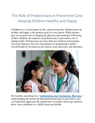 The Role of Pediatricians in Preventive Care: Keeping Children Healthy and Happy