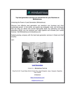 Top lead generation services you should hire for your Business at Mindustrious pdf