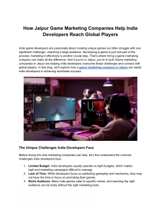 How Jaipur Game Marketing Companies Help Indie Developers Reach Global Players