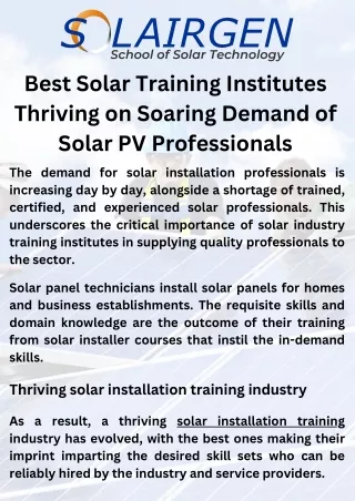 Best Solar Training Institutes Thriving on Soaring Demand of Solar PV