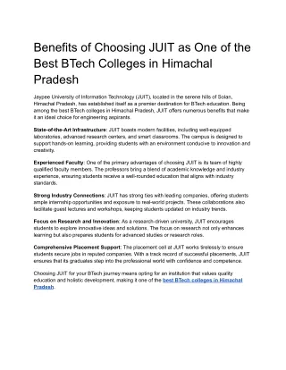 Benefits of Choosing JUIT: One of the Best BTech Colleges in Himachal Pradesh
