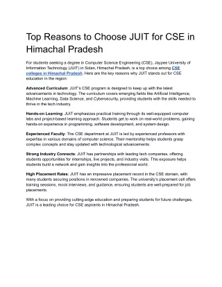 Why JUIT is the Best Choice for CSE Students in Himachal Pradesh