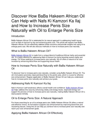 Discover How BaBa Hakeem African Oil Can Help with Nafs Ki Kamzori Ka Ilaj and How to Increase Penis Size Naturally with