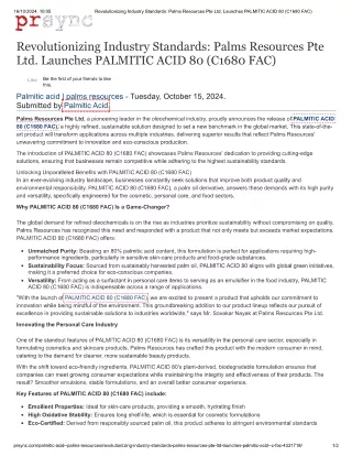 Revolutionizing Industry Standards -Palms Resources Pte Ltd. Launches PALMITIC ACID 80 (C1680 FAC)