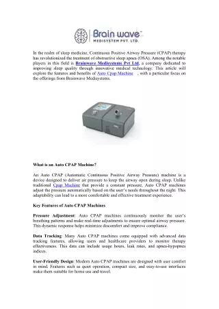 Auto Cpap Machine - Brainwave Medisystem Pvt Ltd