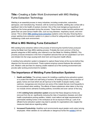Creating a Safer Work Environment with MIG Welding Fume Extraction Technology