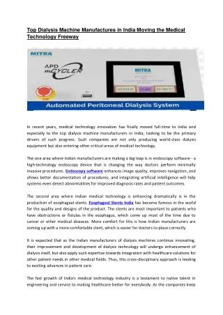 Top Dialysis Machine Manufactures in India Moving the Medical Technology Freeway