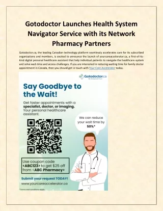 Gotodoctor Launches Health System Navigator Service with its Network Pharmacy Partners