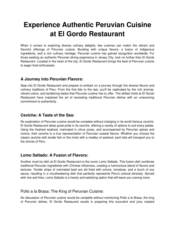 experience authentic peruvian cuisine at el gordo