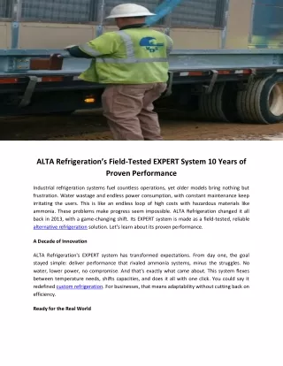 ALTA Refrigeration’s Field-Tested EXPERT System 10 Years of Proven Performance