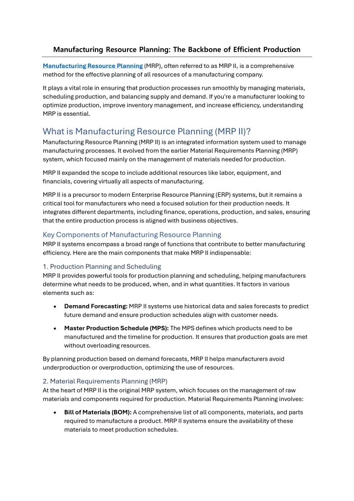 manufacturing resource planning the backbone