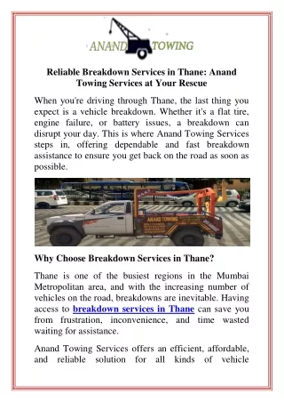 Reliable Breakdown Services in Thane Anand Towing Services at Your Rescue