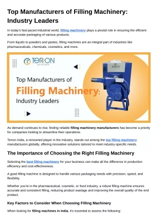 Top Manufacturers of Filling Machinery Industry Leaders