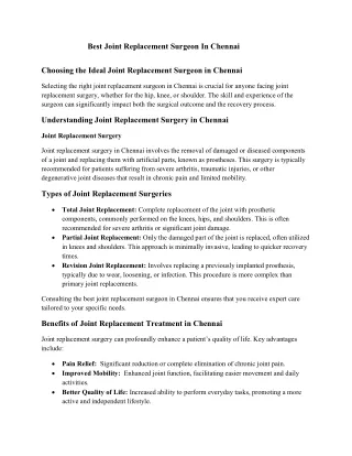 Best Joint Replacement Surgeon In Chennai