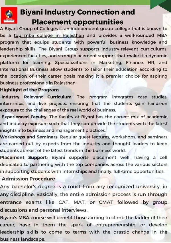 Biyani Industry Connection and Placement opportunities