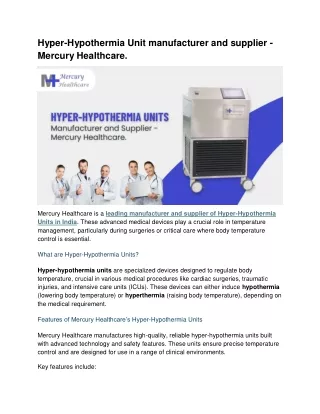 Hyper-Hypothermia Unit manufacturer and supplier - Mercury Healthcare