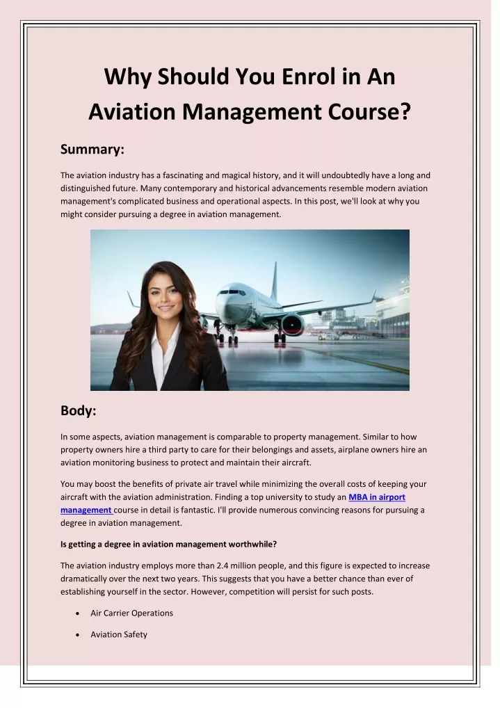 why should you enrol in an aviation management