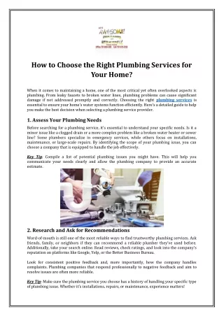 How to Choose the Right Plumbing Services for Your Home?