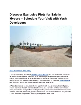 Discover Exclusive Plots for Sale in Mysore – Schedule Your Visit with Yesh Developers