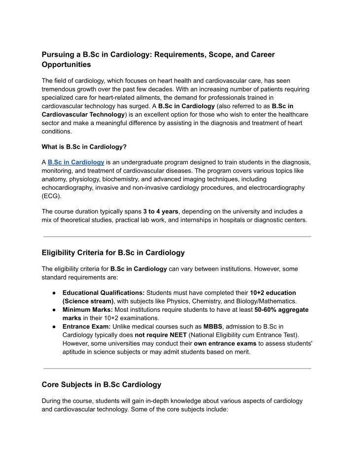 pursuing a b sc in cardiology requirements scope