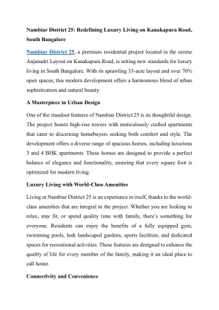 Nambiar District 25 luxury living kanakpura road bangalore