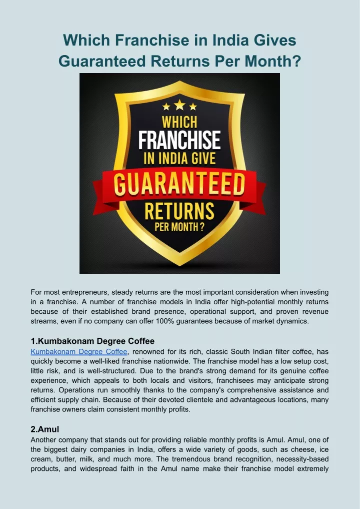 which franchise in india gives guaranteed returns