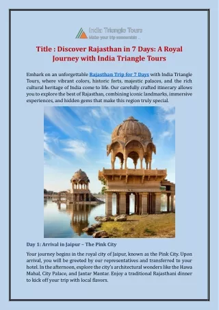 Discover Rajasthan in 7 Days: A Royal Journey with India Triangle Tours