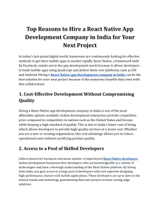 Top Reasons to Hire a React Native App Development Company in India for Your Next Project