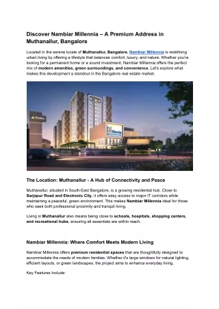 Discover Nambiar Millennia – A Premium Address in Muthanallur, Bangalore