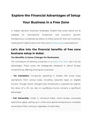 Explore the Financial Advantages of Setup Your Business in a Free Zone