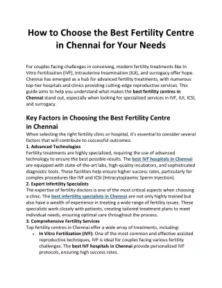 How to Choose the Best Fertility Centre in Chennai for Your Needs