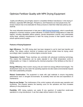 Optimize Fertilizer Quality with NPK Drying Equipment