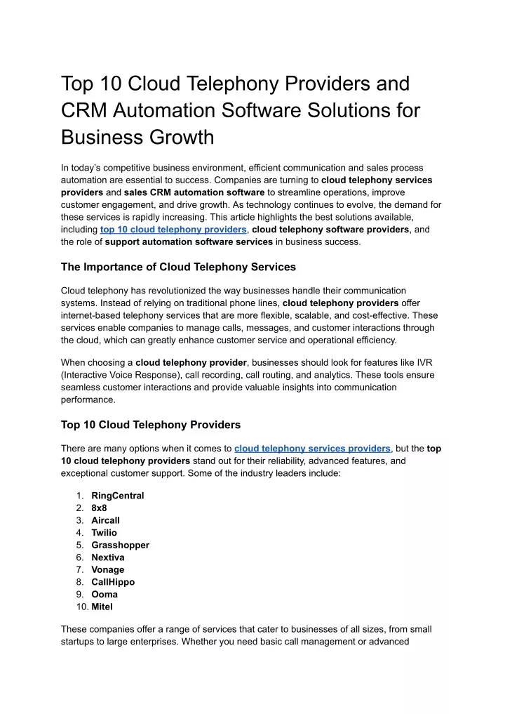 top 10 cloud telephony providers