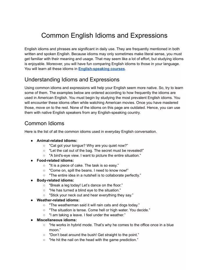 common english idioms and expressions