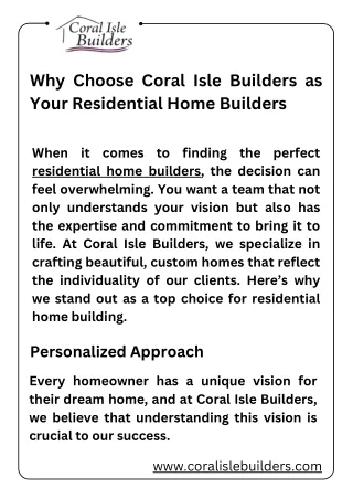 Why Choose Coral Isle Builders as Your Residential Home Builders