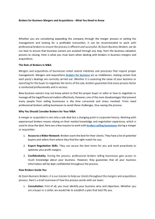 Brokers for Business Mergers and Acquisitions - What You Need to Know