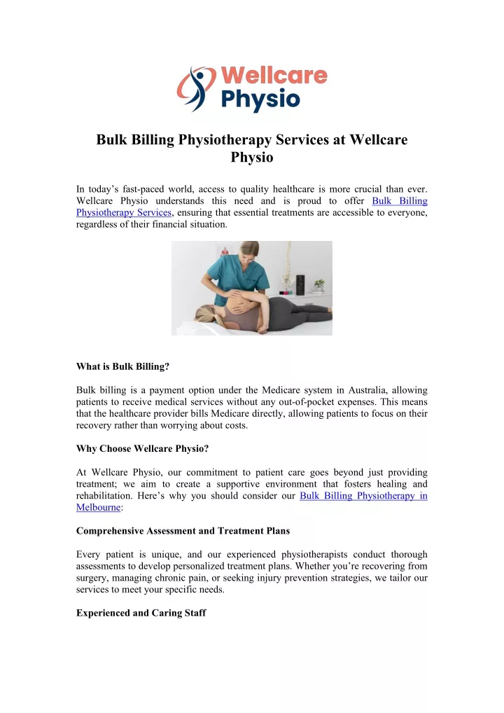 bulk billing physiotherapy services at wellcare