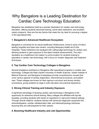 Why Bangalore is a Leading Destination for Cardiac Care Technology Education